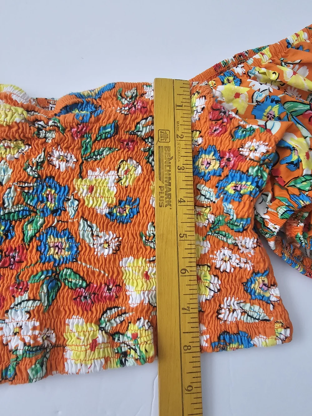 Zara Floral Crop Top  Smocked On or Off Shoulder Orange Multi Boho Western Sz L - Picture 8 of 12
